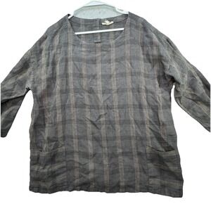 Eileen Fisher Organic Linen Boxy Oversized Top Lagenlook Size Medium Grey Plaid